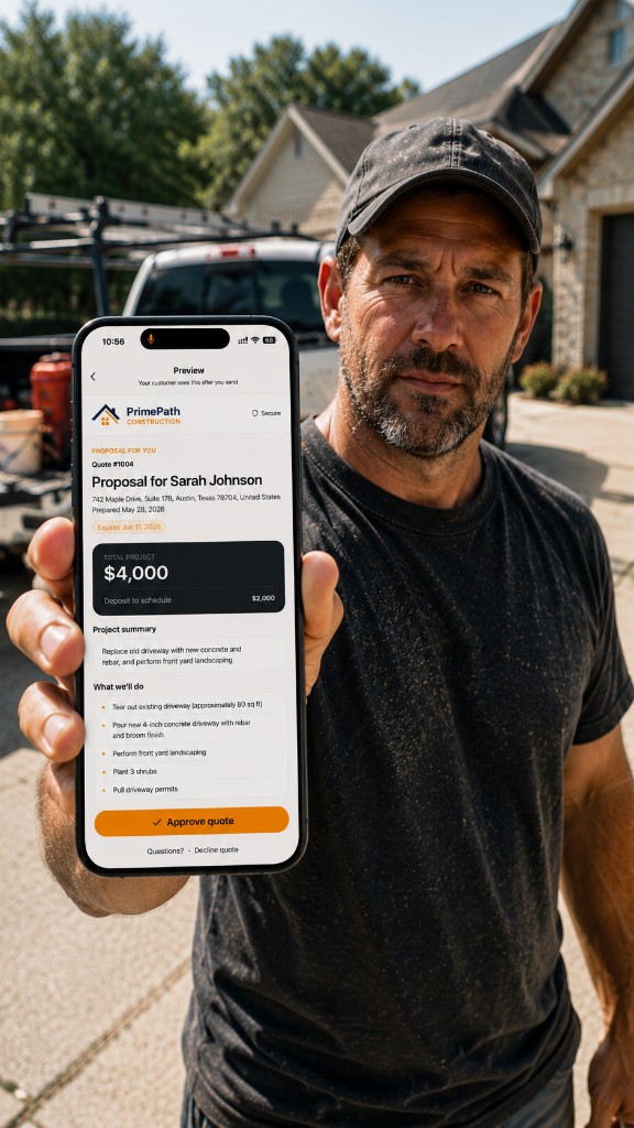 Contractor on a jobsite holding a phone showing a branded customer quote with approve and pay