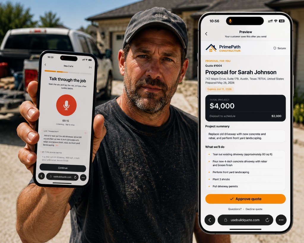 Contractor on a jobsite using BuildQuote to talk through a job, with a branded customer quote preview